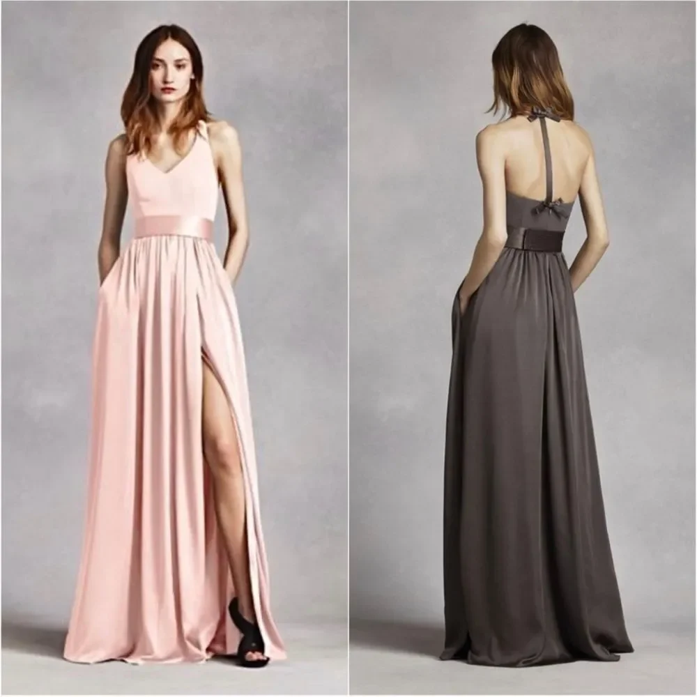 Vera Wang‎ White Blush Halter Satin Fit & Flare High Pocket Slit Maxi Gown 8